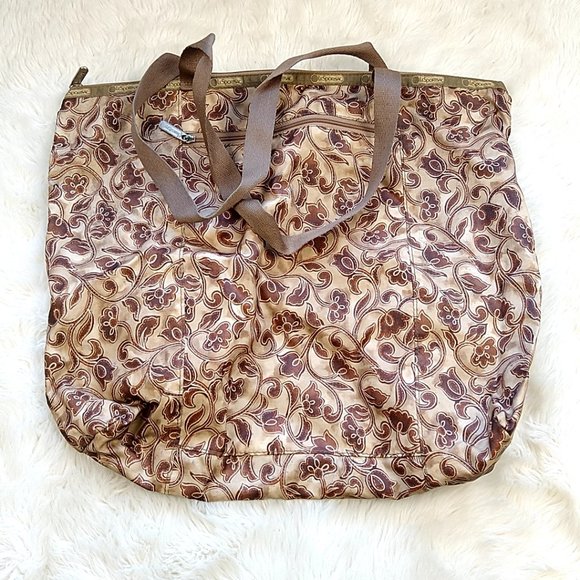 Lesportsac Handbags - LeSportsac Shoulder Tote Bag Brown Floral Zip Pocket Canvas